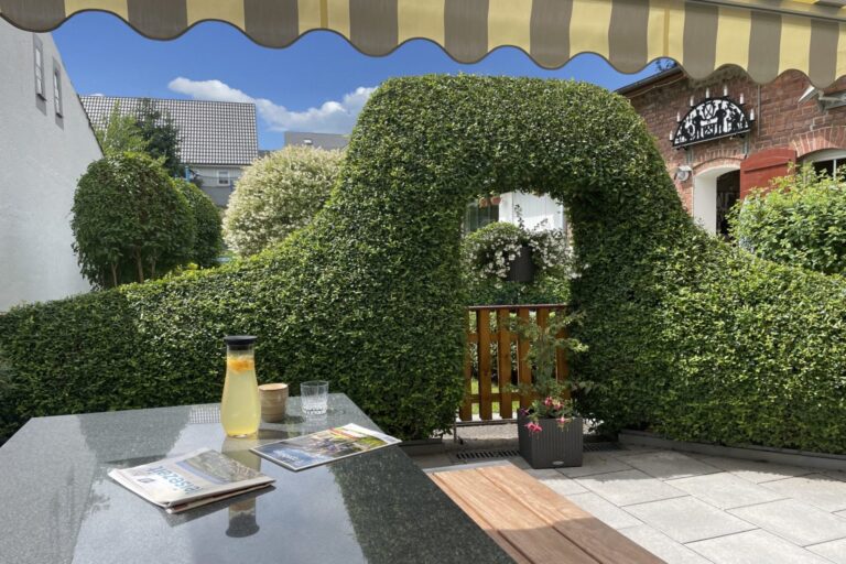 Möblierte Terrasse der Ferienwohnung Geyer mit elektrischer Markise