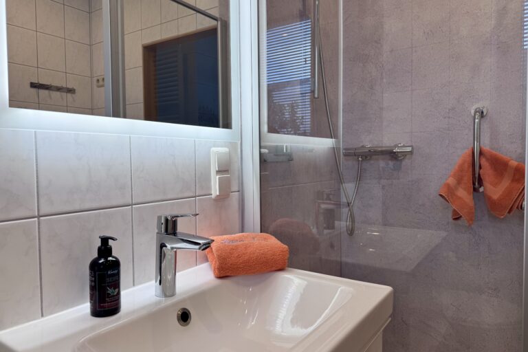 Waschtisch und separate Dusche im Tageslichtbad der Ferienwohnung Geyer